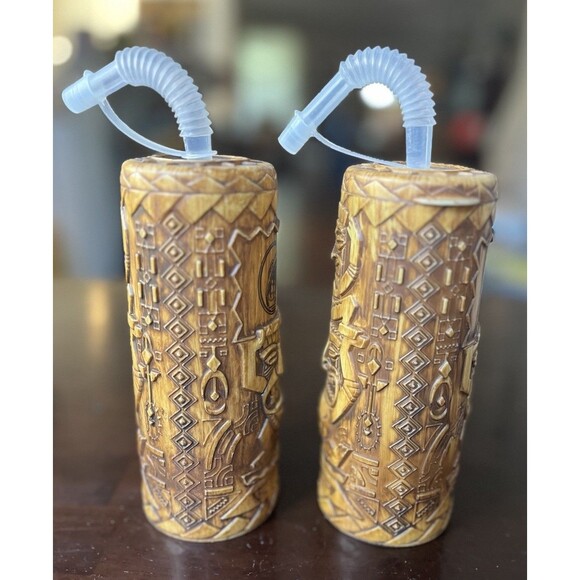 SET 2 Whirley Tiki Plastic Drink Cruise Ship Tumbler Lid Straw Raised Hut Design - Picture 4 of 6